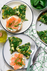 Spinach Frittata with Feta in a Skillet for Breakfast.top veiw