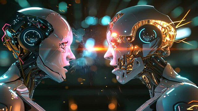 Zwei Cyborgs im intensiven digitalen Blickkontakt