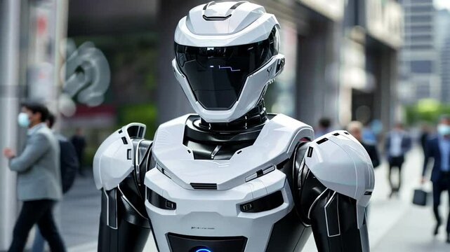 Wei&szlig;er humanoider Roboter mit reflektierendem Helm