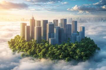 Fototapeta premium A future eco-friendly metropolis with minimal CO2 emissions, operating within a cloud environment