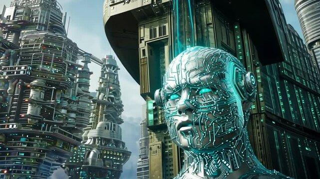 Gesicht eines kybernetischen Wesens mit Stadt im Hintergrund