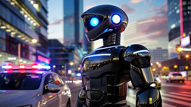 Roboter mit leuchtenden Augen in Stadt bei Nacht