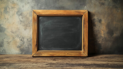 Old vintage wooden frame with a chalkboard on a rustic table against a grunge wall background
