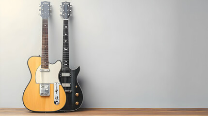 Fototapeta premium Two Electric Guitars Leaning Against A Gray Wall On A Wooden Surface In A Music Studio Setting With Natural Lighting