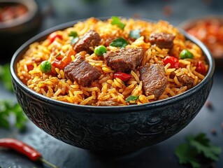 A vibrant bowl of spiced rice with tender beef, green peas, and red peppers, set on a dark table