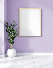 An empty violet room with a blank-framed picture mockup on the wall, creating a modern vibe