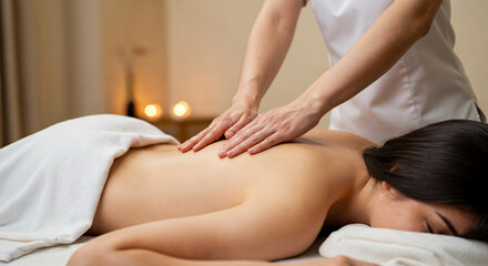 Obraz premium Femme recevant un massage relaxant dans un spa avec des bougies en arrière-plan - Therapist beauty