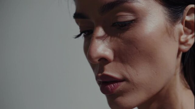 Young woman with high cheekbones and a contemplative expression looking downward under soft directional light against a neutral background. Concept of introspection and emotion