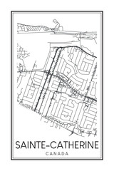 Hand drawn printable downtown road map poster of the Canadian city of SAINTE-CATHERINE on solid white background with city name