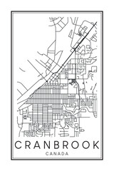 Hand drawn printable downtown road map poster of the Canadian city of CRANBROOK on solid white background with city name