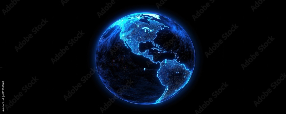 Poster a glowing blue digital globe with data flowing around it, representing global connectivity and the d