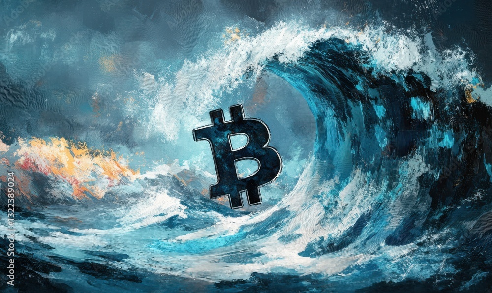 Poster creative representation of financial concepts featuring a bitcoin symbol in a wave, capturing the in