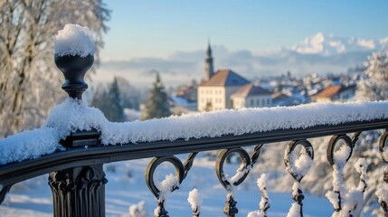 Fototapeta premium The cityscape, obscured by smog and pollution, stands against a bright blue sky