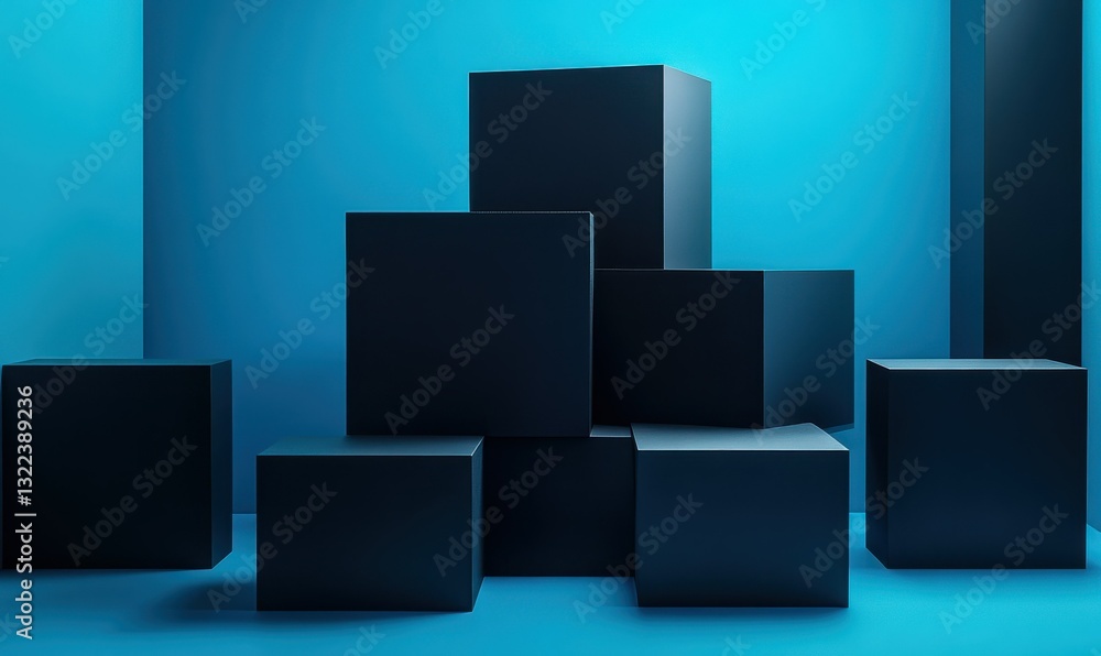 Poster dynamic black geometric cubes glowing under soft blue ambient lighting, creating a futuristic and mi