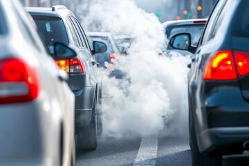 Road congestion with vehicles generating exhaust and pollution