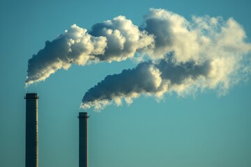 Industrial facilities in urban areas discharging CO2 and smoke into the blue sky