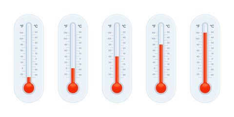 Set of thermometers with low and high temperature levels in Celsius and Fahrenheit. Meteorology, climate, weather, and measurement tool concept. Flat vector illustration isolated on white background