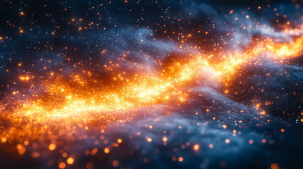 Bright orange line of light is streaking through a dark blue sky. The stars are scattered throughout the sky, creating a sense of movement and energy. The image evokes a feeling of wonder