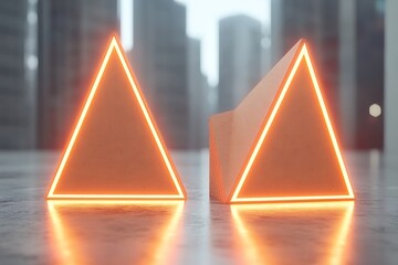 Two orange triangular shapes with neon outlines in a city