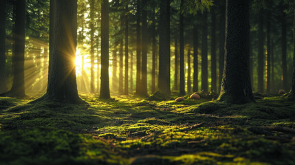 Obraz premium Sunlight filtering through dense coniferous forest, illuminating a moss-covered forest floor. Peaceful nature scene perfect for eco visuals, relaxation themes, backgrounds or environmental concepts.