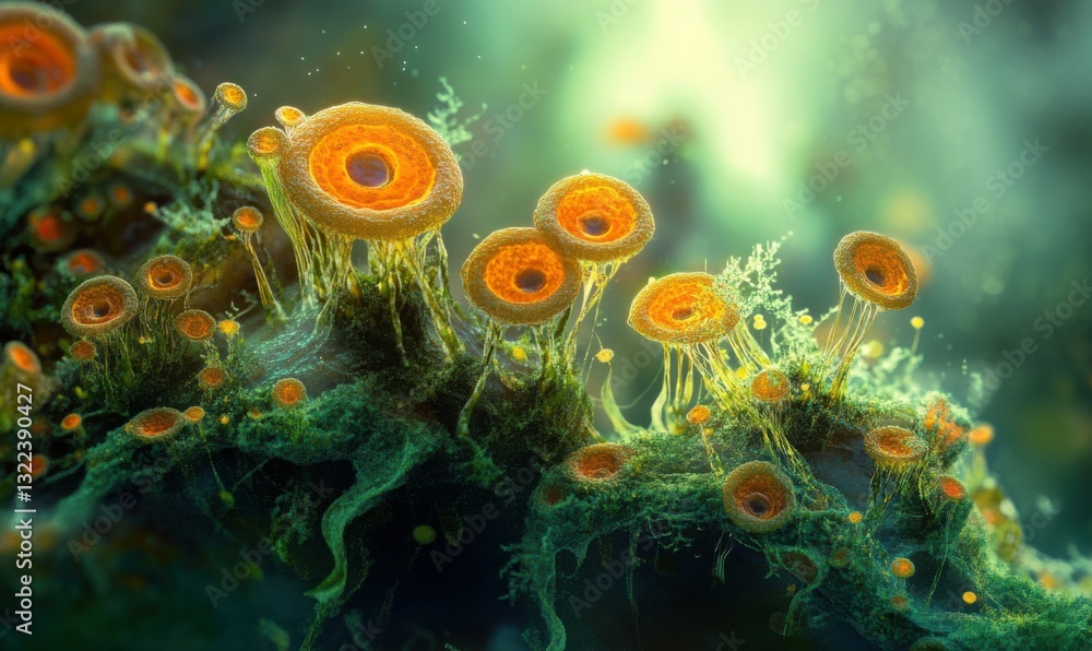 Poster microorganisms in a fluid environment under microscopic view