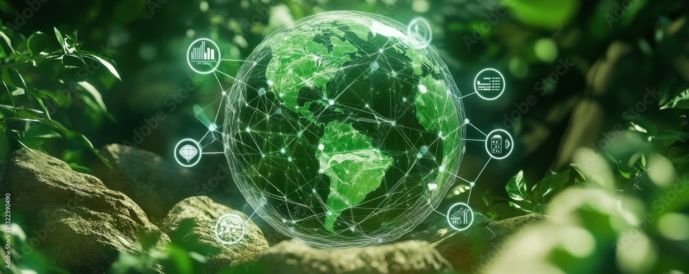 Poster a green glass globe representing the earth surrounded by green leaves and rocks, with a network of w