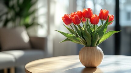 Vase of fresh red tulips on the coffee table with blurred background. Free copy space.