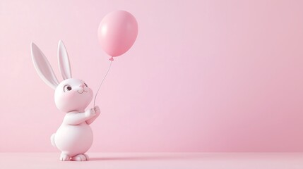 Obraz premium Cute white Easter bunny holding a pink balloon against a soft pink background.
