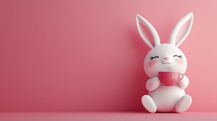 Fototapeta premium Adorable cartoon Easter bunny holding a pink cup, set against a soft pink background, radiating joy and cuteness.