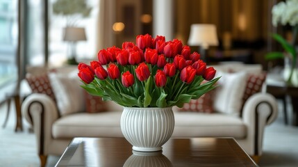 Vase of fresh red tulips on the coffee table with blurred background. Free copy space.