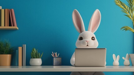 Cute white Easter rabbit working on a laptop in a colorful home office.
