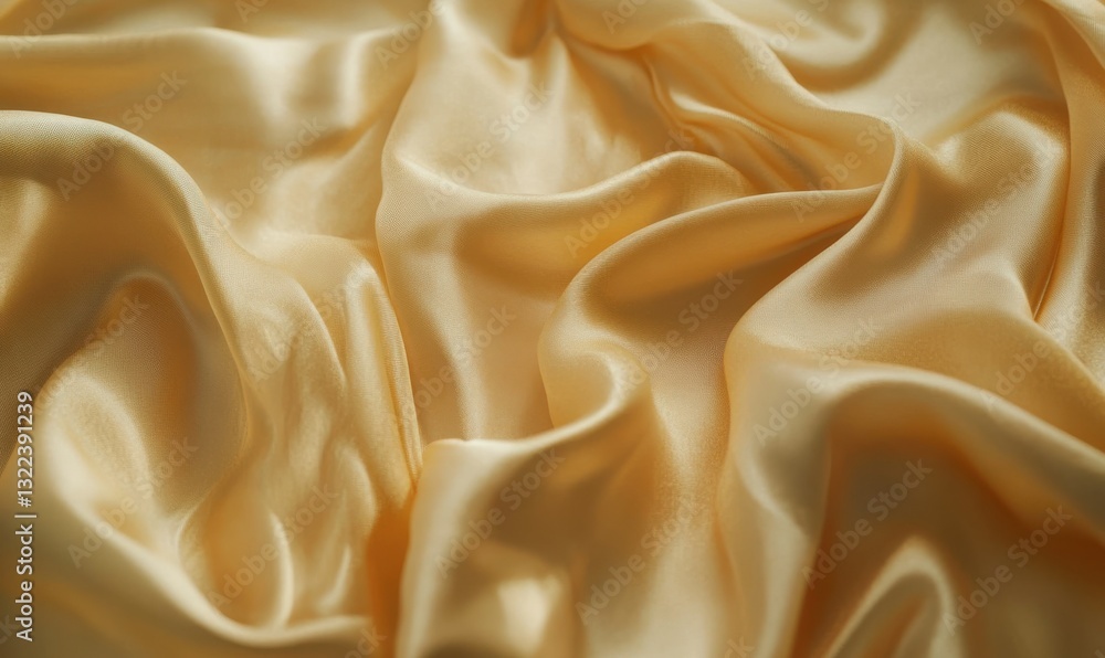 Poster luxurious flowing gold satin fabric with intricate folds, illuminated by diffused light emphasizing 