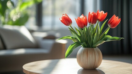 Vase of fresh red tulips on the coffee table with blurred background. Free copy space.