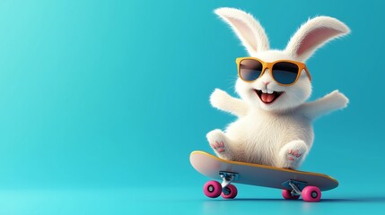 Obraz premium A cheerful white Easter bunny wearing sunglasses enthusiastically skateboards against a vibrant blue backdrop.