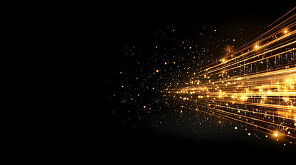 Fototapeta premium Golden Particles And Light Streaks In A Dynamic Abstract Design On Black Background With Modern Futuristic Technology Concept