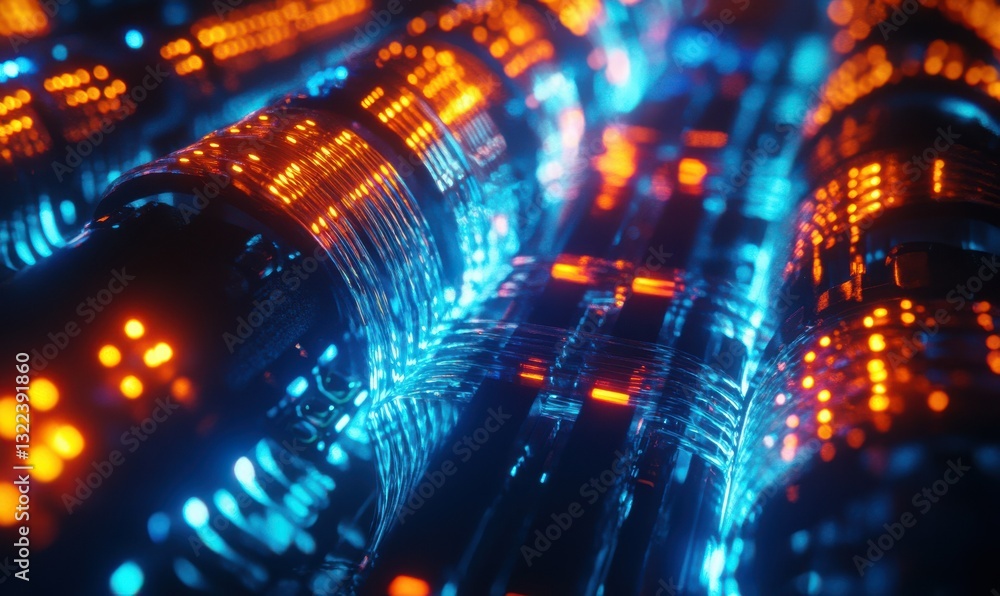 Poster macro view of a glowing fiber-optic network illuminated by vibrant blue and orange light creating a 