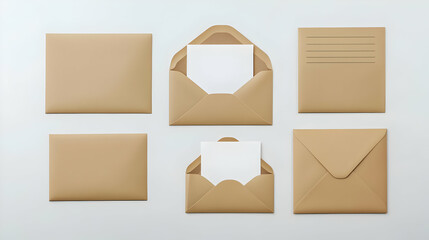 Six Kraft Envelopes Arrangement With Blank White Cards On Minimalist White Background Stationery Mockup Template