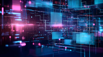 A Futuristic 3D Rendered Digital World With Pink and Blue Data Streams Flowing Through a Dark Cyberspace Filled With Complex Geometric Grids and