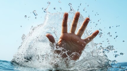 Fototapeta premium Struggle for survival: A human hand emerges dramatically from the water, surrounded by a splash, conveying a sense of peril. It's a powerful visual metaphor. 