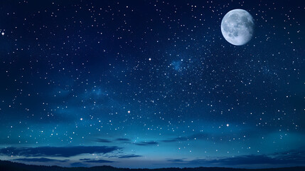 A serene night sky with glittering stars and a subtle full moon , twinkling stars, full moon, starry, night sky, constellations. Glittering Sky. Illustration