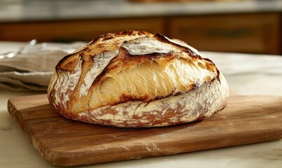 Rustic scene of freshly baked sourdough bread resting on a wooden cutting board illuminated by soft natural light, evoking simplicity and culinary craftsmanship