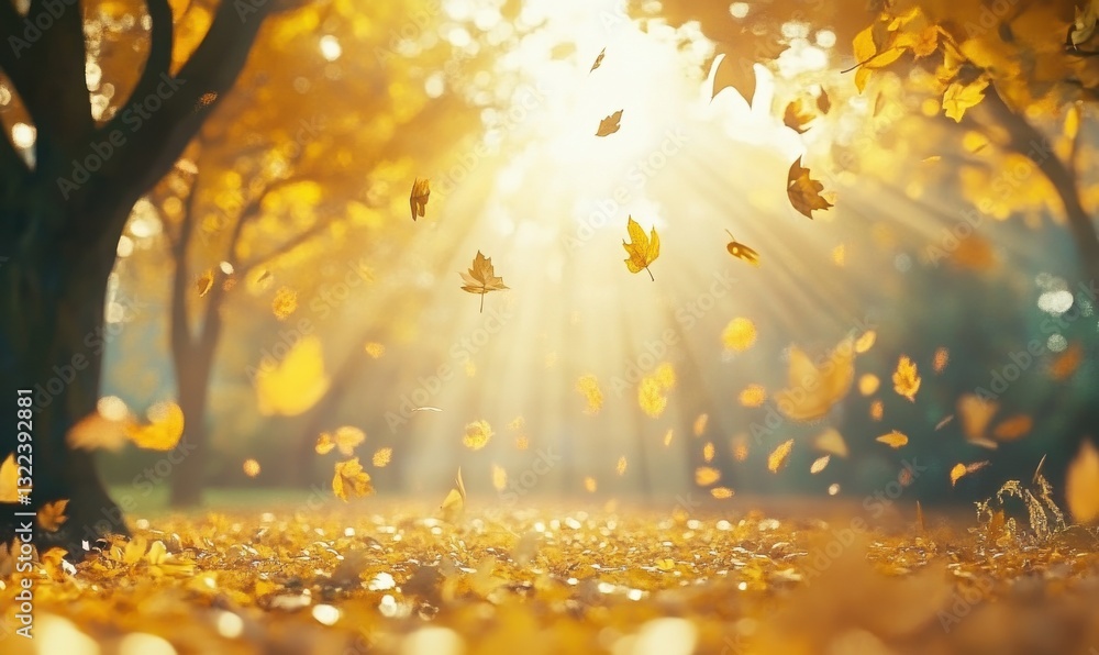 Poster scenic autumn forest with golden leaves falling gently from the trees, soft sunlight filtering throu
