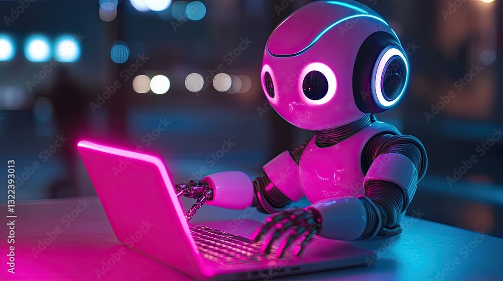 Poster friendly stock robot working diligently on a laptop in a modern workspace showcasing advanced techno