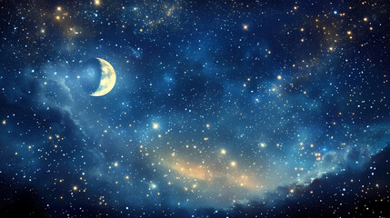 Fototapeta premium Cosmic night sky with twinkling stars and glittering moon, , cosmic. Glittering Sky. Illustration