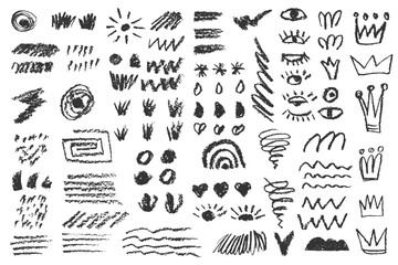 Charcoal pencil hand drawing curly groovy shapes, splash and squiggles. White chalk elements on black chalkboard Grunge chalk crayon scribbles doodles texture Rough crayon stroke Vector illustration