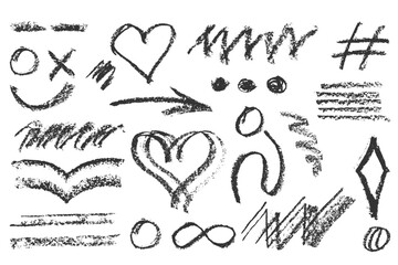 Charcoal pencil hand drawing curly groovy shapes, splash and squiggles. White chalk elements on black chalkboard Grunge chalk crayon scribbles doodles texture Rough crayon stroke Vector illustration