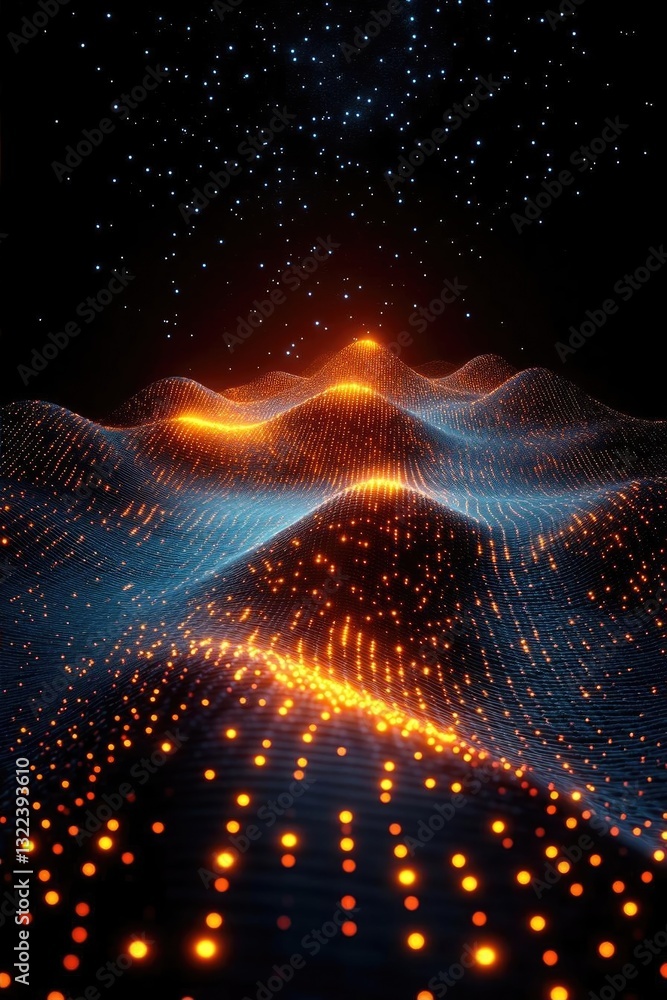 Aufkleber abstract visualization of glowing waves and particles in a dark space, creating a digital landscape