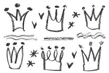 Collection of hand drawn charcoal doodle crown shapes Childish girly style. Pencil drawings Black elements on white background. Grunge chalk crayon scribbles doodles textures. Vector illustration