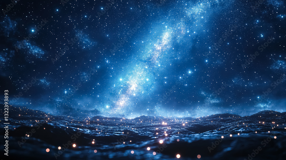 Wall mural starry night sky with a bright blue milky way. the stars are scattered throughout the sky, creating 