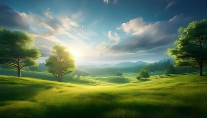 Naklejka premium landscape with green grass and blue sky
